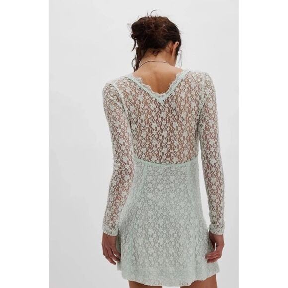 (S) NWT Free People Petra Lace Long Sleeve Mini Dress Billowing Sail Mint - Picture 6 of 8